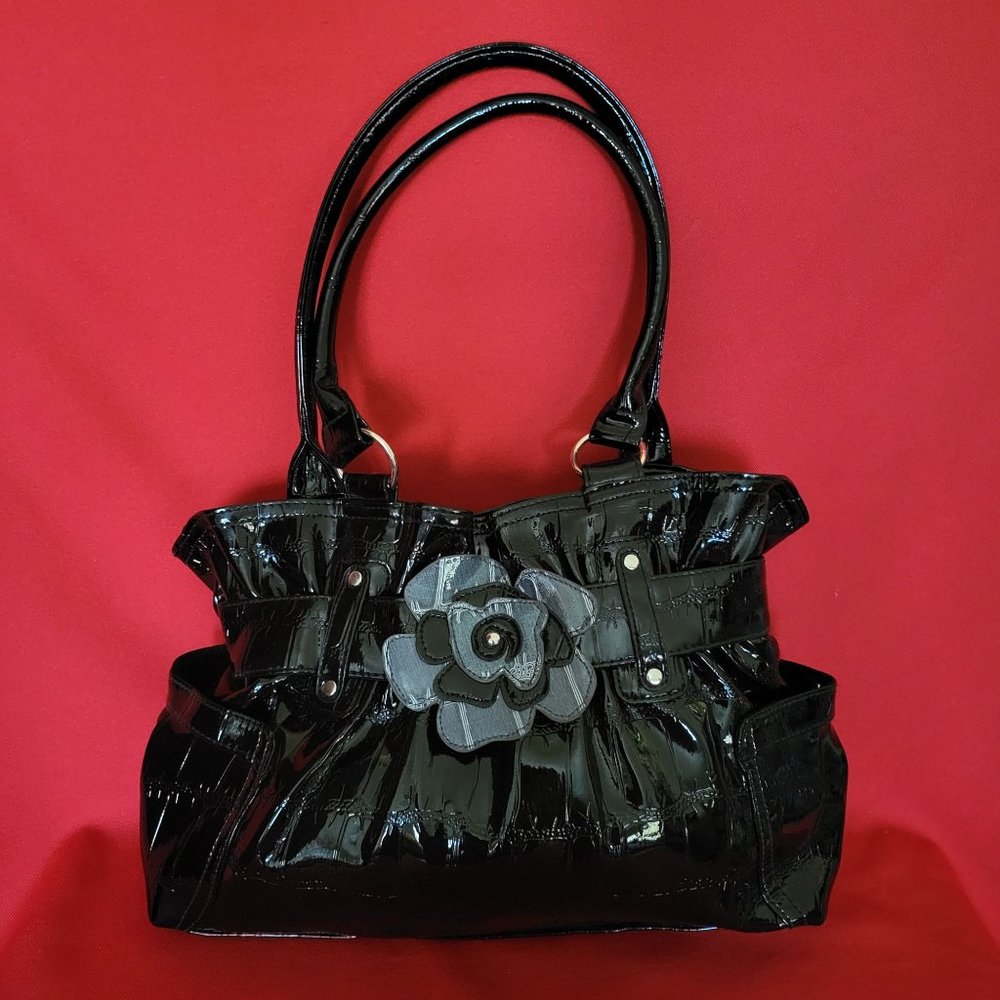 Black Crocodile Patterned Vinyl Shoulder Bag Gray Flower Accent